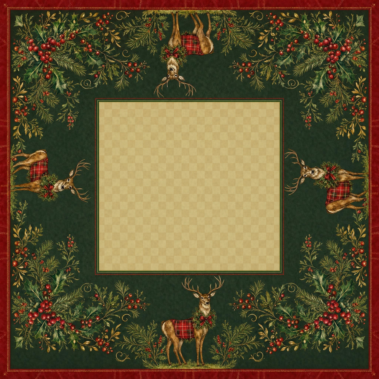 Green Christmas Stag mahjong mat — complete design